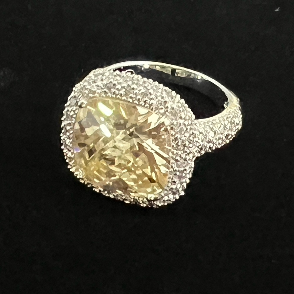 Canary Yellow Crystal Halo Sterling Silver 925 Large Women’s Statement Ring